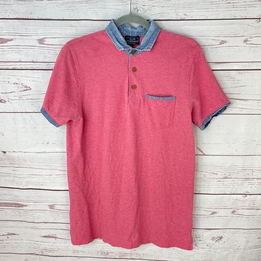 Topman Men's Red Collared Short Sleeve Casual Polo Shirt Size Large
